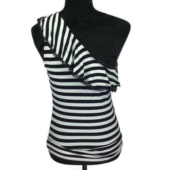 White House Black Market Striped One Shoulder Ruffle Black & White Top - Picture 7 of 8